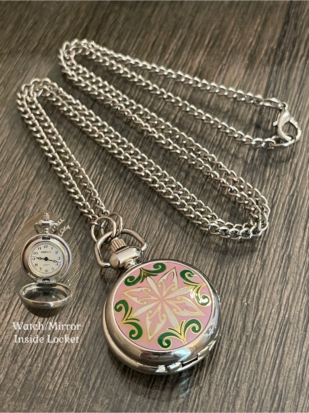 Vintage Pink & Green Art Deco Design Pendant Watch Necklace